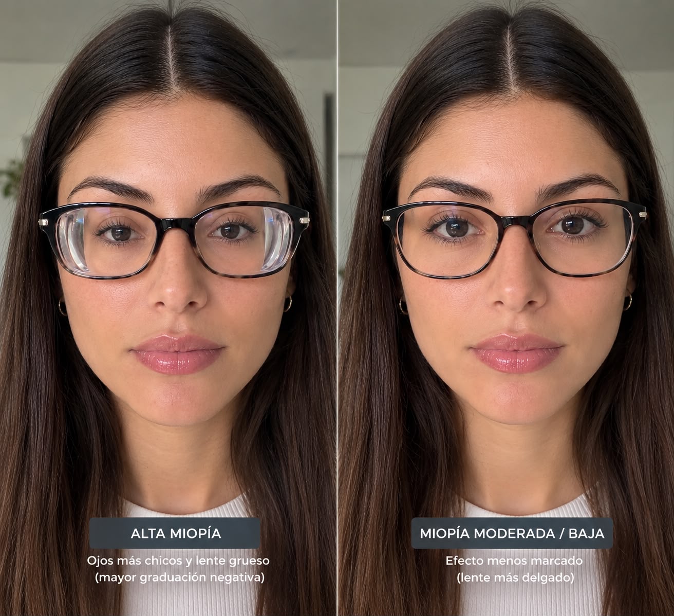 Comparación: con alta miopía el lente es más grueso y los ojos se ven más chicos; con miopía moderada el efecto es menos marcado